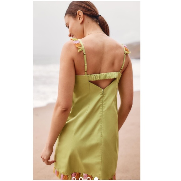 New Anthropologie The Hartley Shift Mini Dress Lime Green Pink Fringe petite - Picture 3 of 4